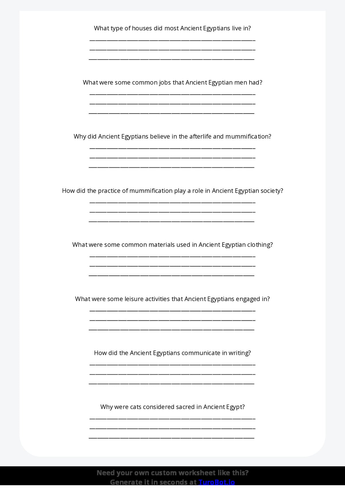 Free Worksheet - Year 6 Ancient History Daily Life in Ancient Egypt Short Answer Response