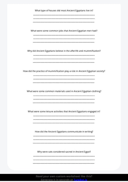 Free Worksheet - Year 6 Ancient History Daily Life in Ancient Egypt Short Answer Response