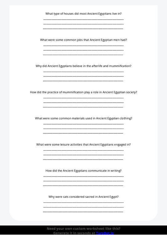 Free Worksheet - Year 6 Ancient History Daily Life in Ancient Egypt Short Answer Response