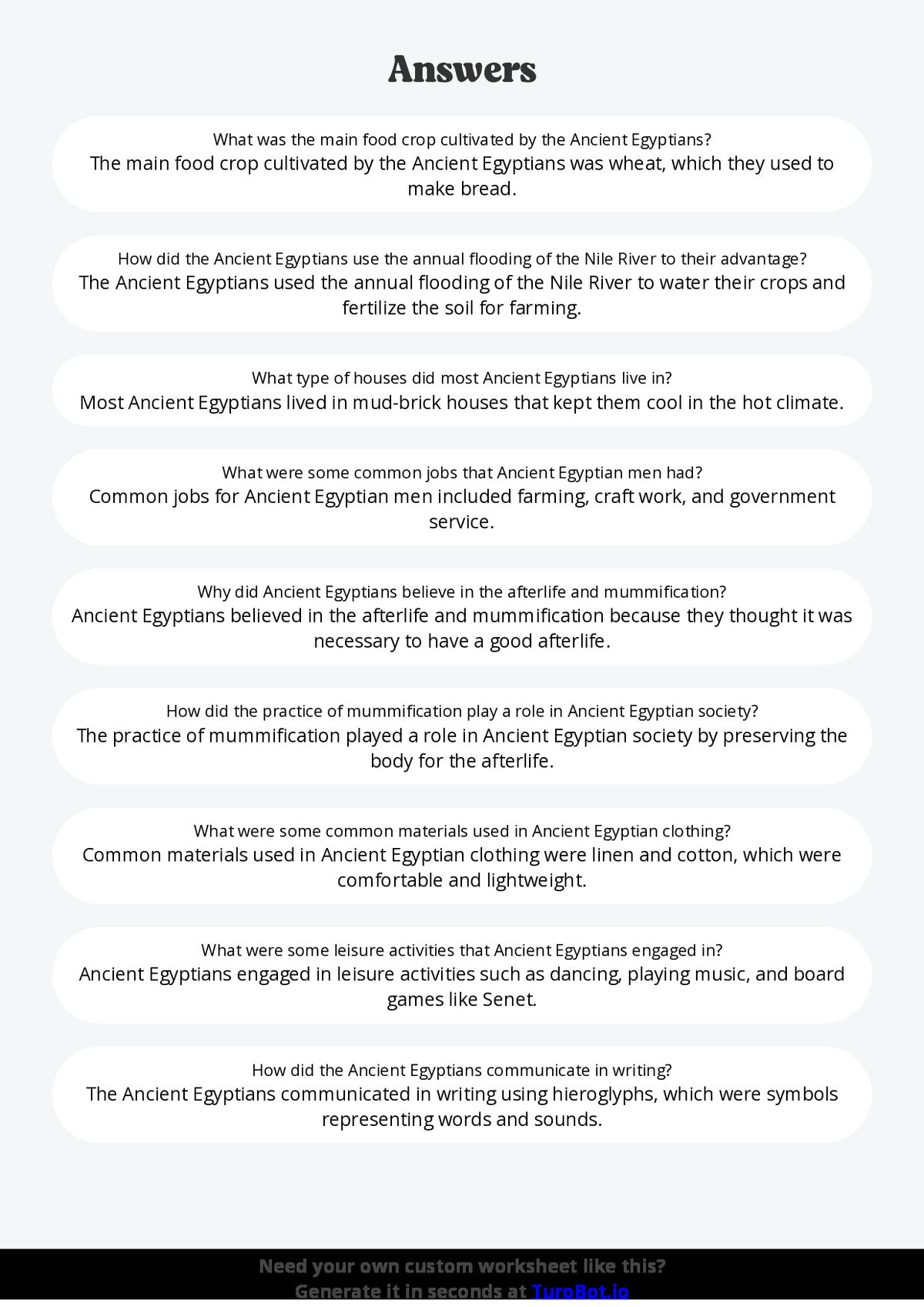 Free Worksheet - Year 6 Ancient History Daily Life in Ancient Egypt Short Answer Response