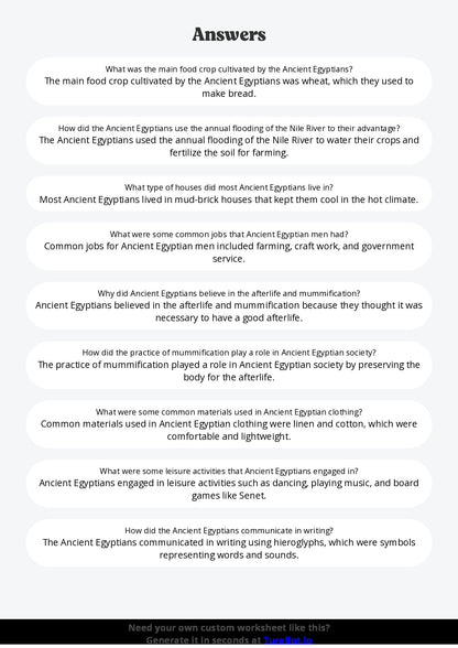 Free Worksheet - Year 6 Ancient History Daily Life in Ancient Egypt Short Answer Response