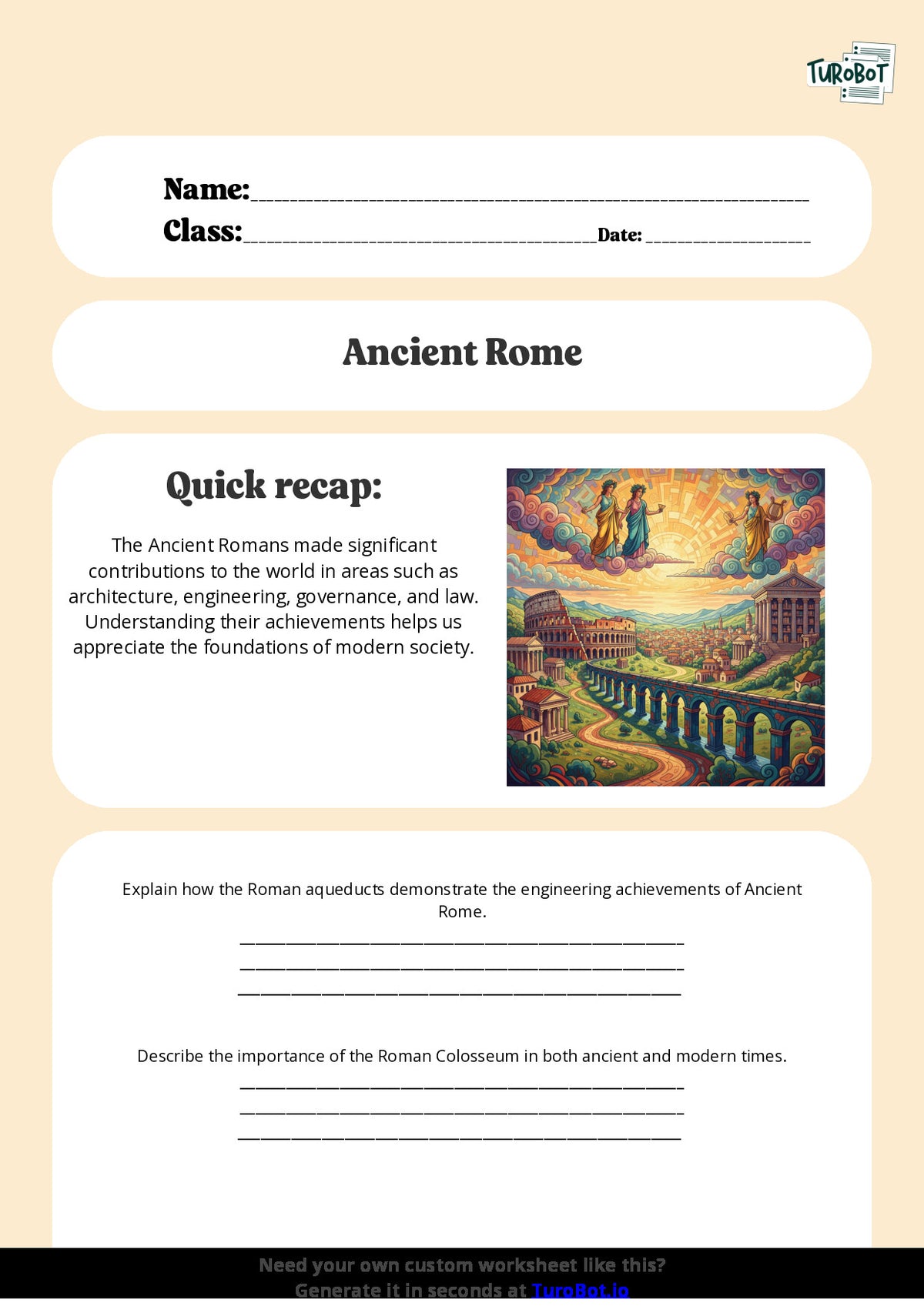 Free Worksheet - Year 7 Ancient History The Achievements of Ancient Rome Short Answer Response