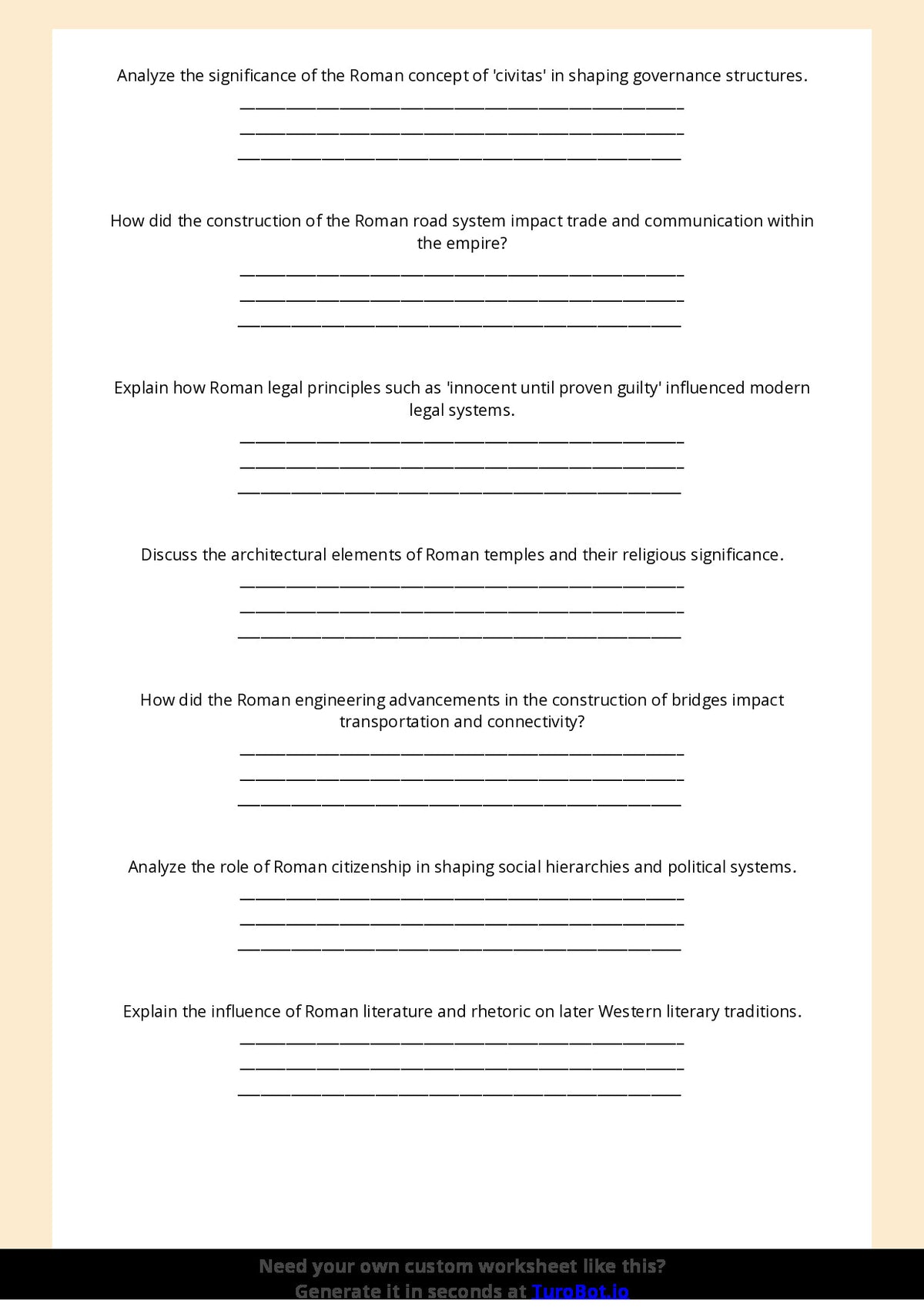 Free Worksheet - Year 7 Ancient History The Achievements of Ancient Rome Short Answer Response