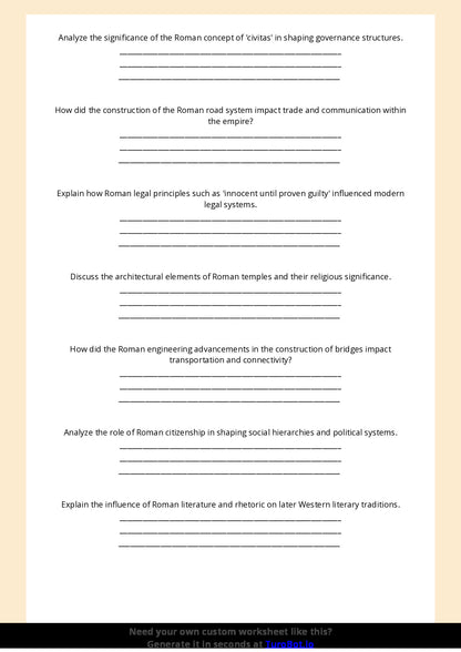 Free Worksheet - Year 7 Ancient History The Achievements of Ancient Rome Short Answer Response