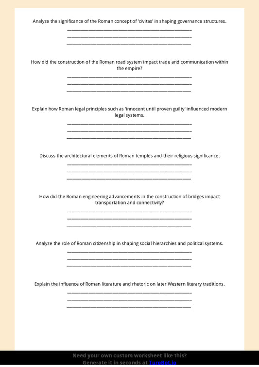 Free Worksheet - Year 7 Ancient History The Achievements of Ancient Rome Short Answer Response