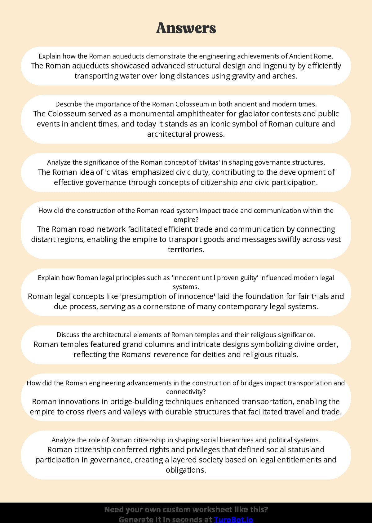 Free Worksheet - Year 7 Ancient History The Achievements of Ancient Rome Short Answer Response