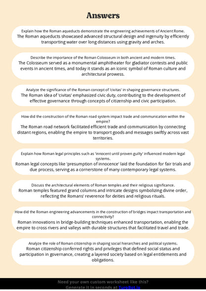 Free Worksheet - Year 7 Ancient History The Achievements of Ancient Rome Short Answer Response
