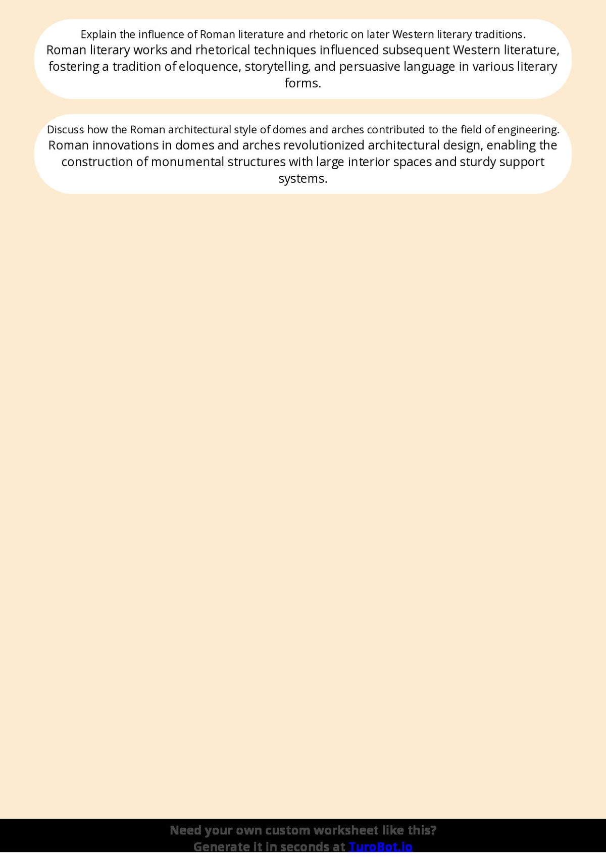 Free Worksheet - Year 7 Ancient History The Achievements of Ancient Rome Short Answer Response