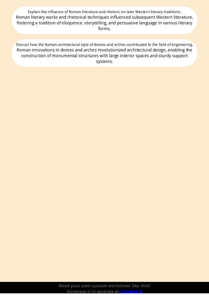 Free Worksheet - Year 7 Ancient History The Achievements of Ancient Rome Short Answer Response