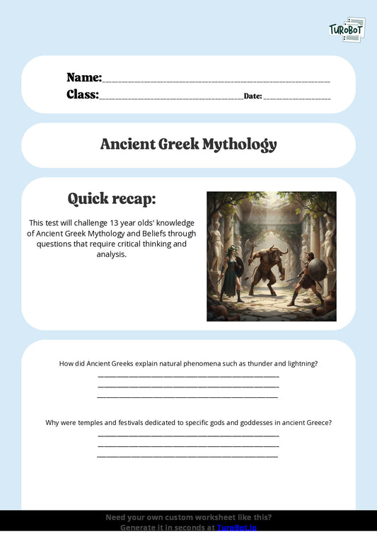 Free Worksheet - Year 8 Ancient History Ancient Greek Mythology and Beliefs Short Answer Response