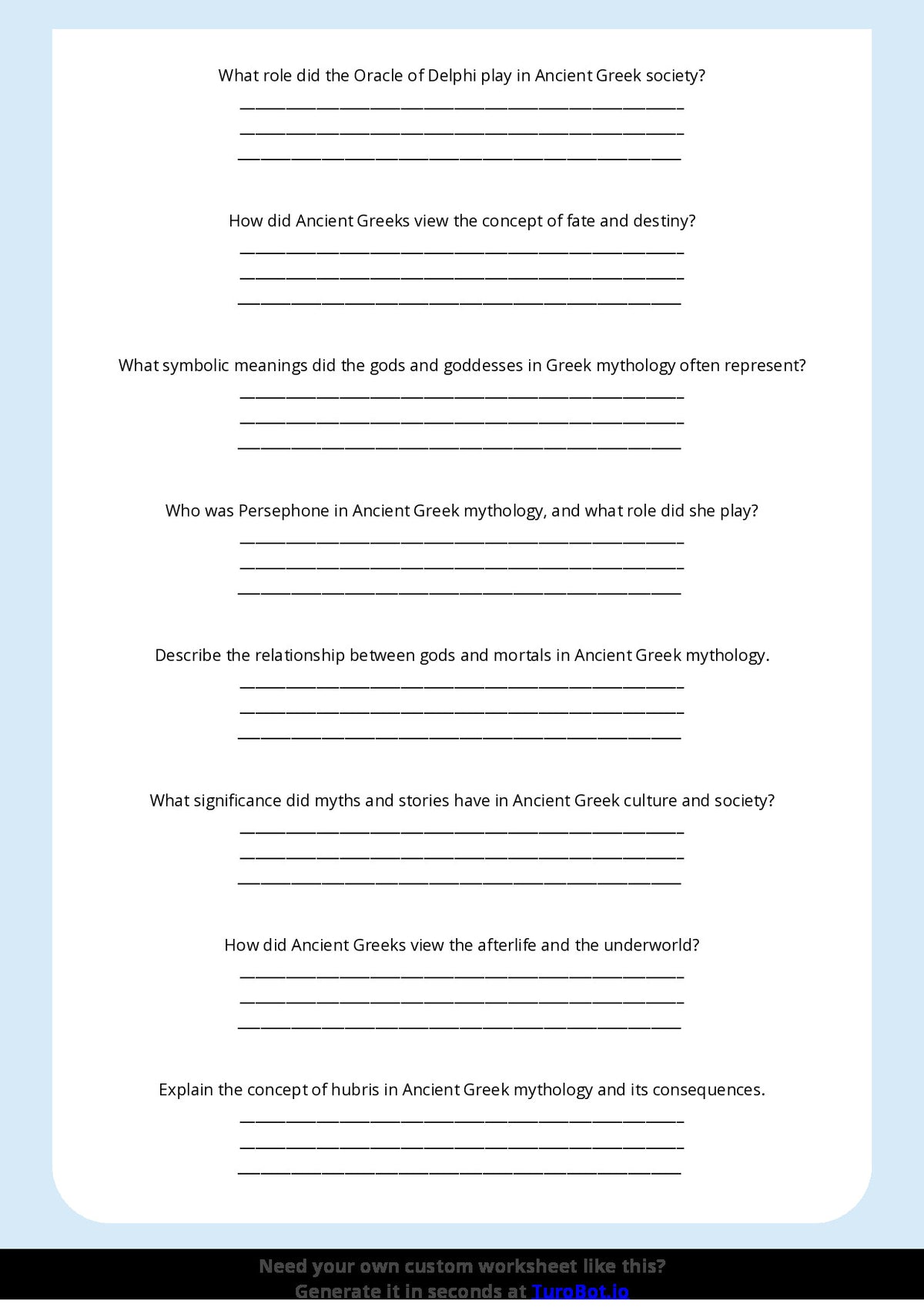 Free Worksheet - Year 8 Ancient History Ancient Greek Mythology and Beliefs Short Answer Response