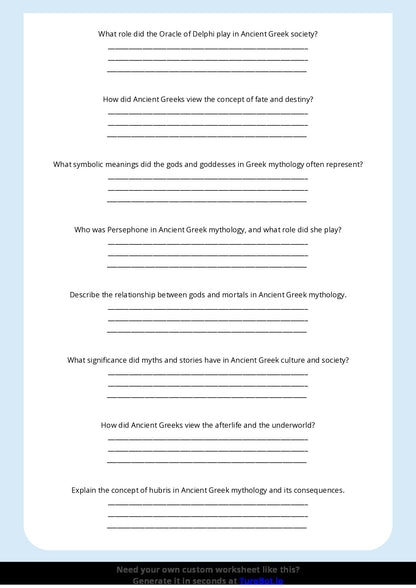 Free Worksheet - Year 8 Ancient History Ancient Greek Mythology and Beliefs Short Answer Response