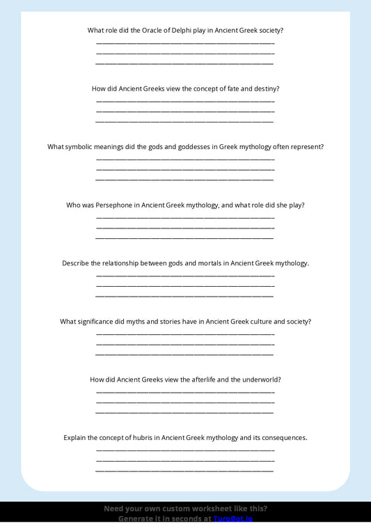 Free Worksheet - Year 8 Ancient History Ancient Greek Mythology and Beliefs Short Answer Response