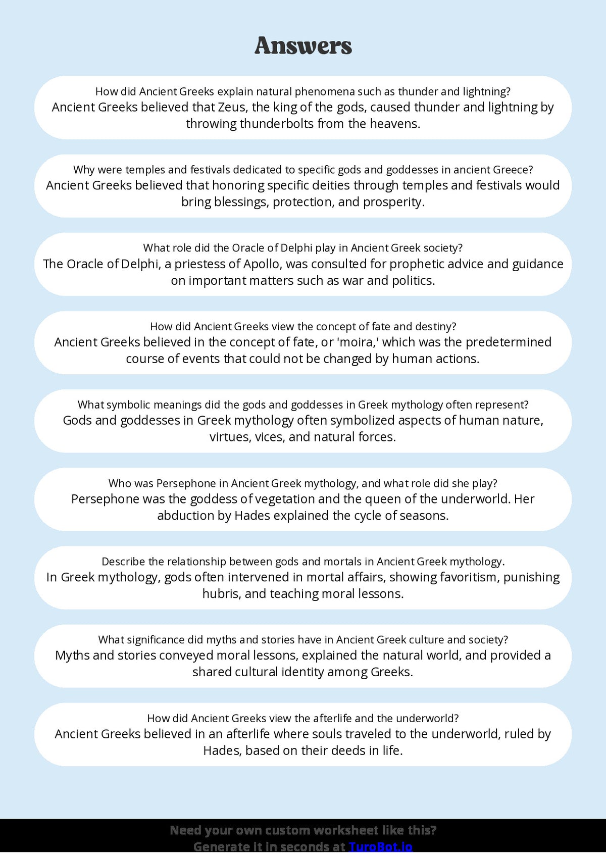 Free Worksheet - Year 8 Ancient History Ancient Greek Mythology and Beliefs Short Answer Response