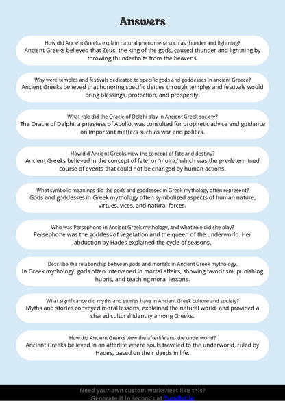 Free Worksheet - Year 8 Ancient History Ancient Greek Mythology and Beliefs Short Answer Response
