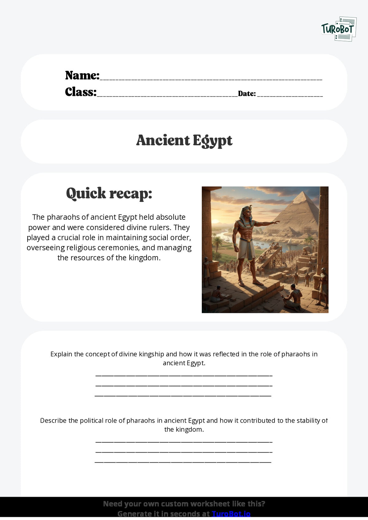 Free Worksheet - Year 9 Ancient History The Role of Pharaohs in Ancient Egypt Short Answer Response