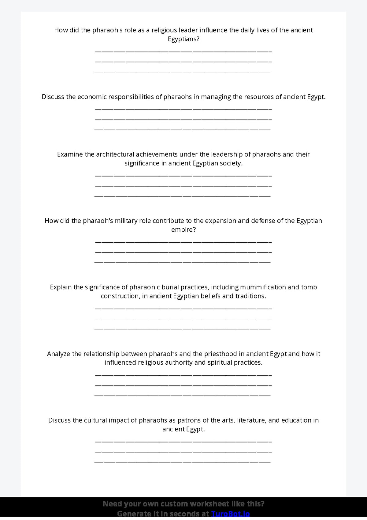 Free Worksheet - Year 9 Ancient History The Role of Pharaohs in Ancient Egypt Short Answer Response