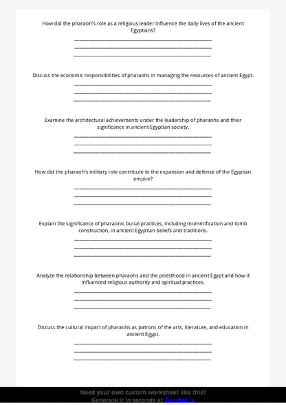 Free Worksheet - Year 9 Ancient History The Role of Pharaohs in Ancient Egypt Short Answer Response