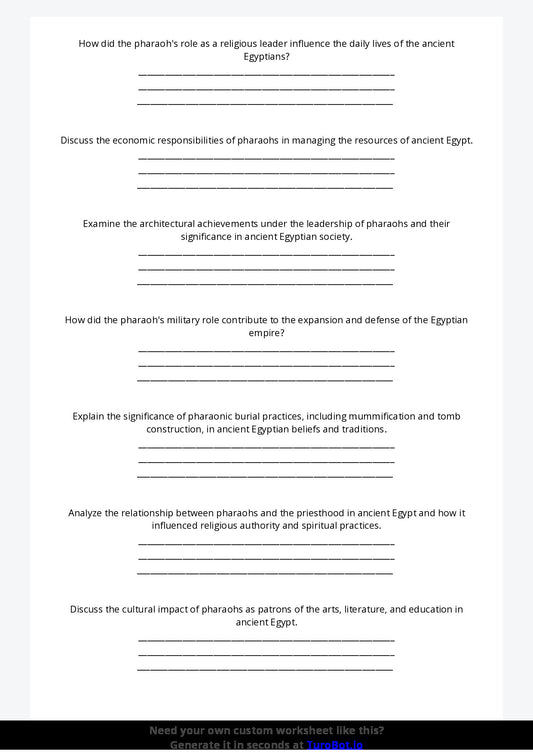 Free Worksheet - Year 9 Ancient History The Role of Pharaohs in Ancient Egypt Short Answer Response