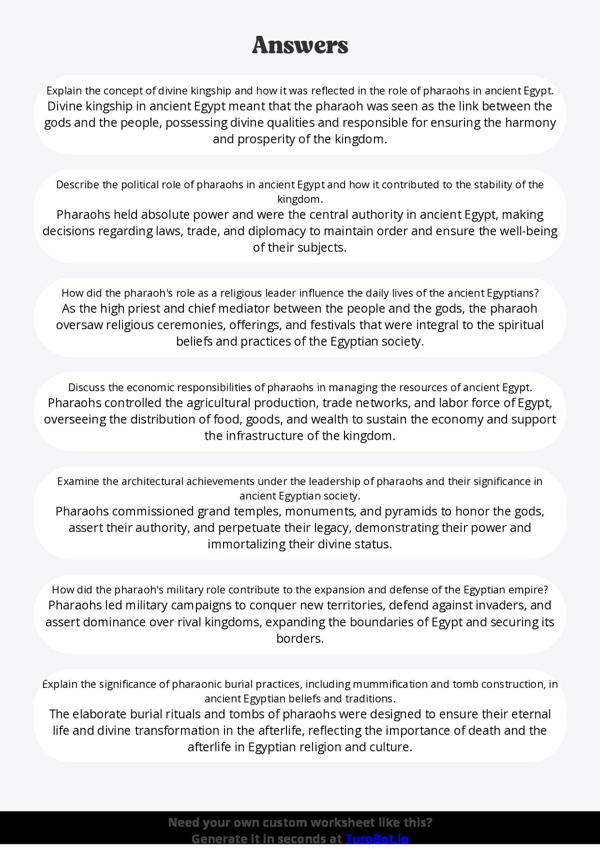 Free Worksheet - Year 9 Ancient History The Role of Pharaohs in Ancient Egypt Short Answer Response