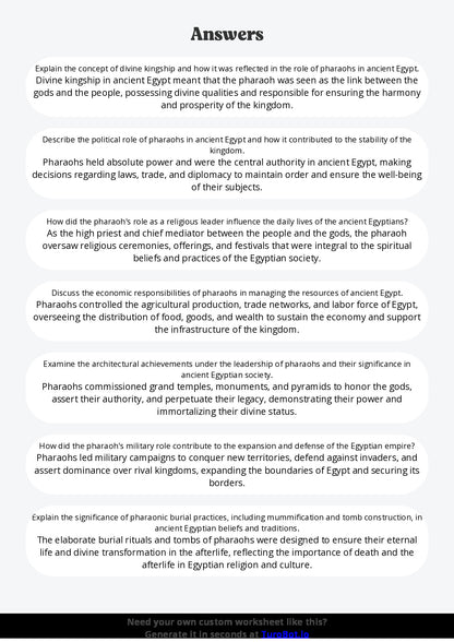 Free Worksheet - Year 9 Ancient History The Role of Pharaohs in Ancient Egypt Short Answer Response
