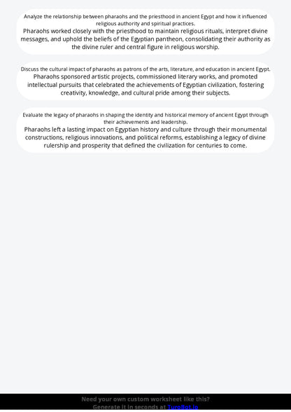 Free Worksheet - Year 9 Ancient History The Role of Pharaohs in Ancient Egypt Short Answer Response