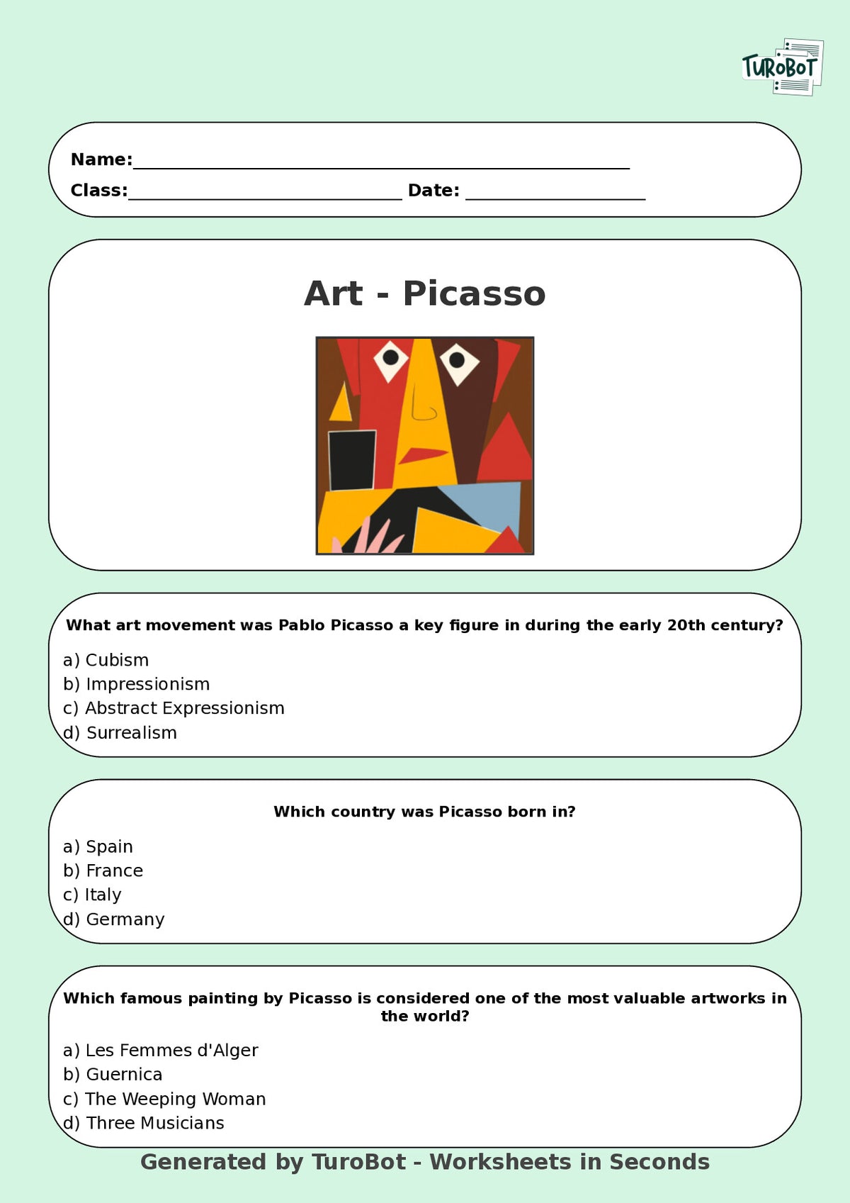 Art - Worksheet: Pablo Picasso Quiz & Activities