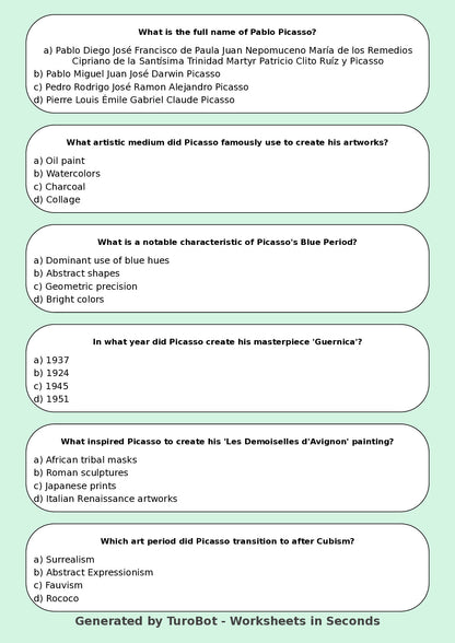 Art - Worksheet: Pablo Picasso Quiz & Activities