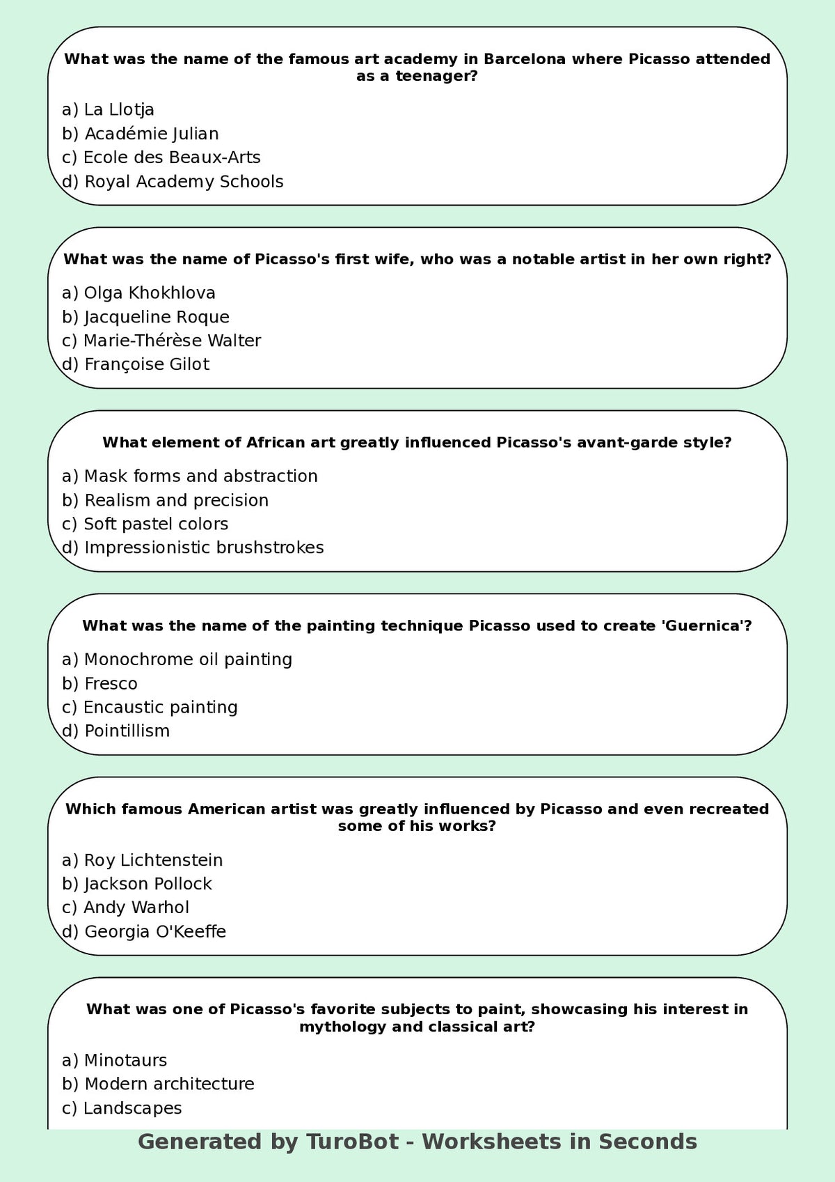Art - Worksheet: Pablo Picasso Quiz & Activities