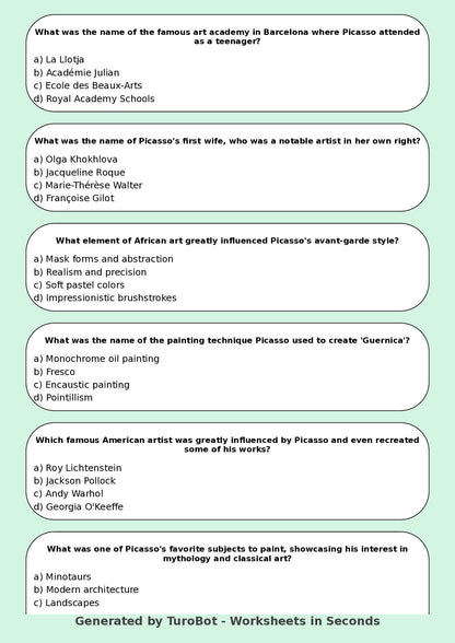 Art - Worksheet: Pablo Picasso Quiz & Activities