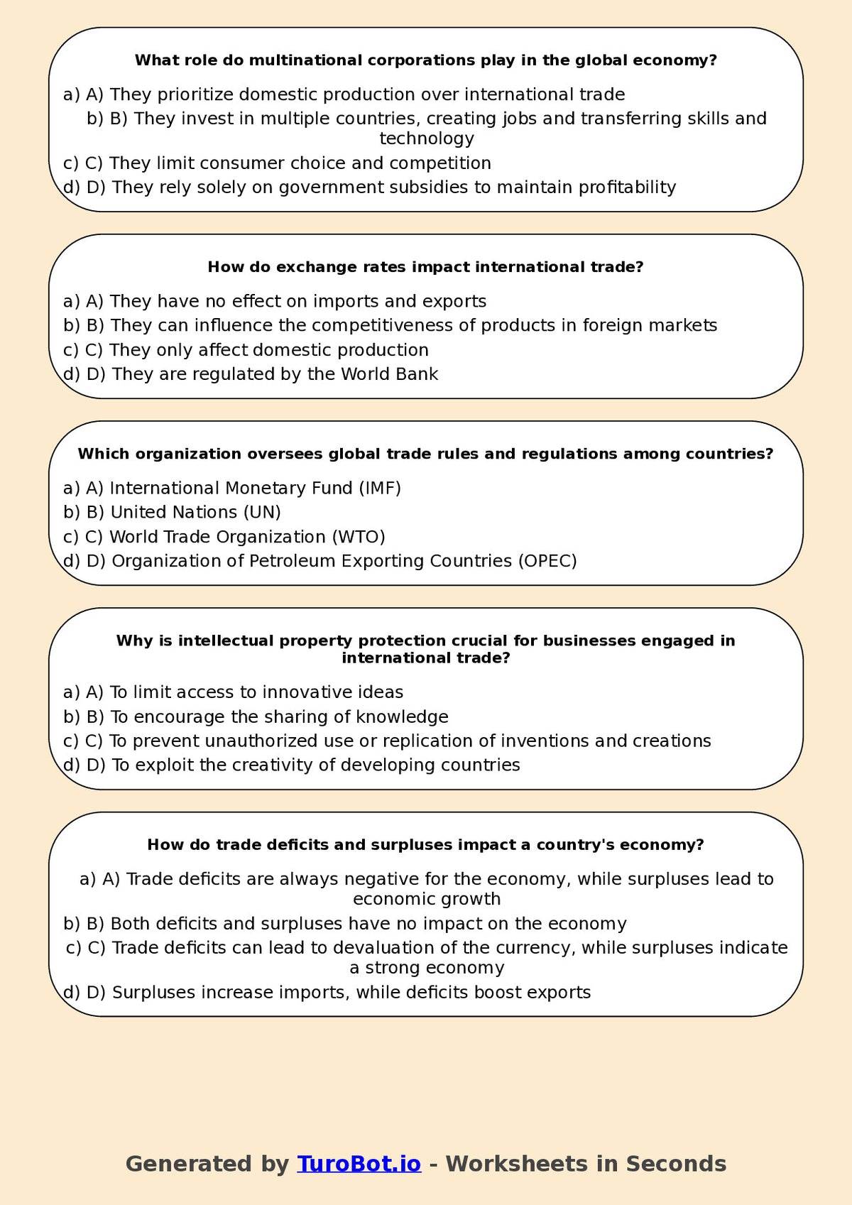 Year 10 Business Multiple Choice Worksheet – Global Trade Basics