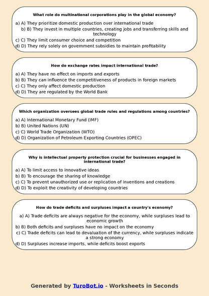 Year 10 Business Multiple Choice Worksheet – Global Trade Basics