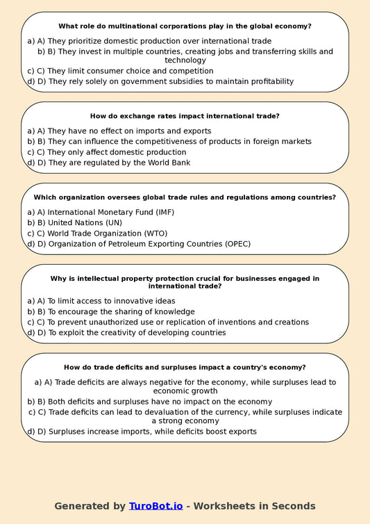 Year 10 Business Multiple Choice Worksheet – Global Trade Basics