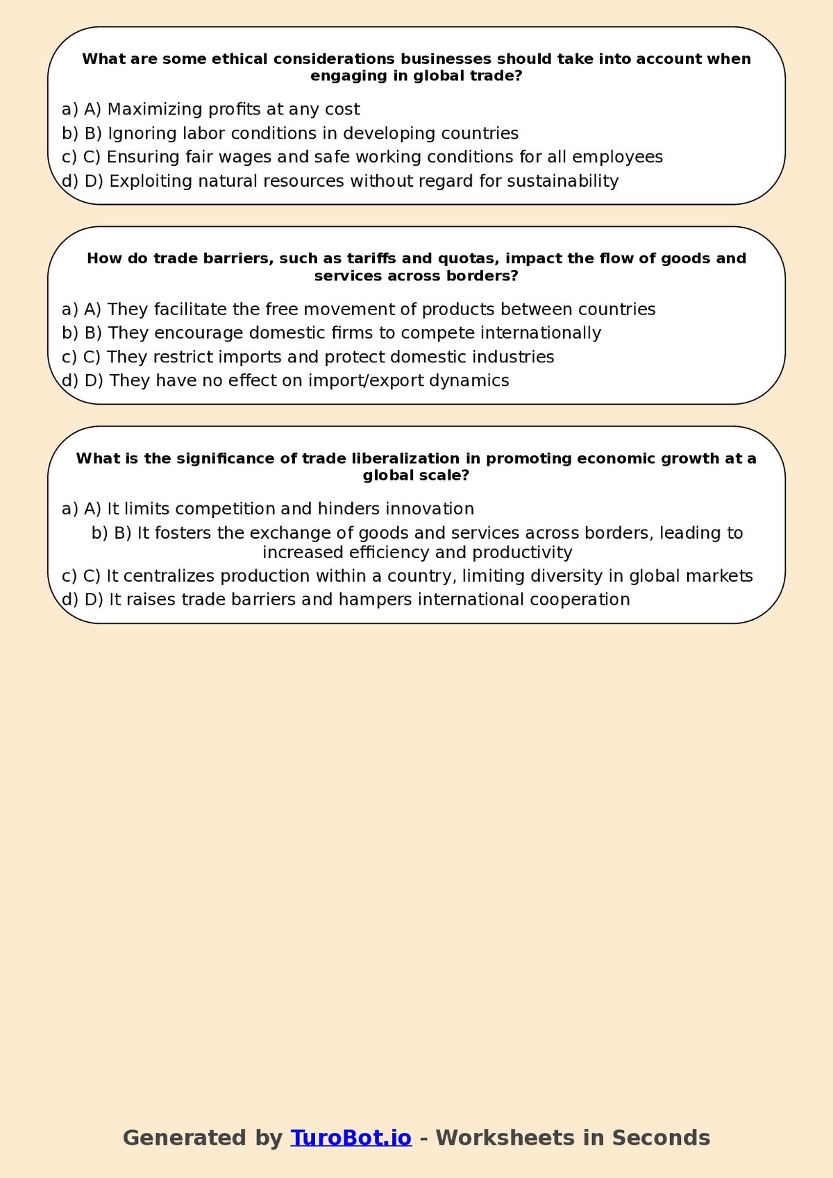 Year 10 Business Multiple Choice Worksheet – Global Trade Basics