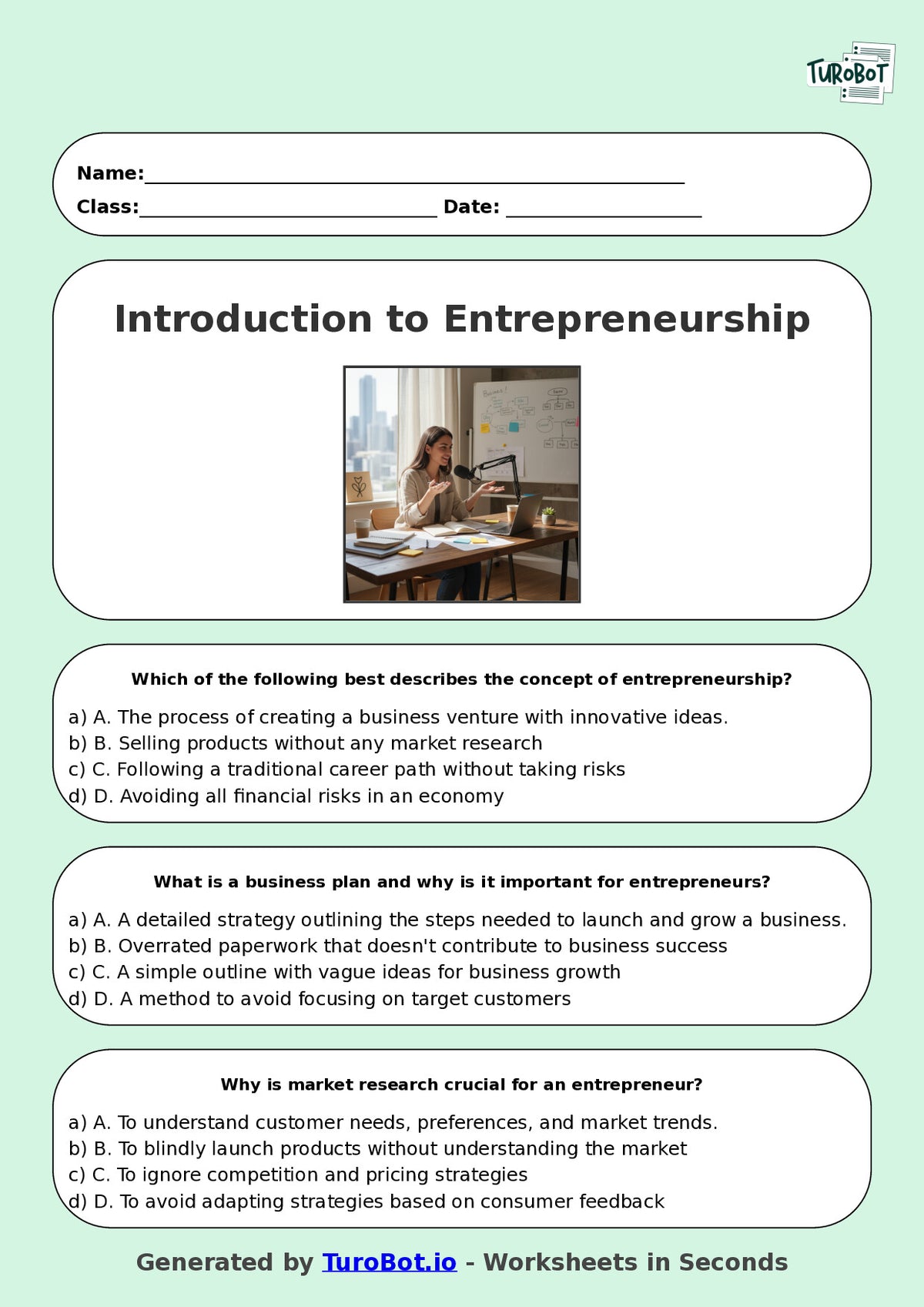 Year 10 Business Multiple Choice Worksheet – Introduction to Entrepreneurship