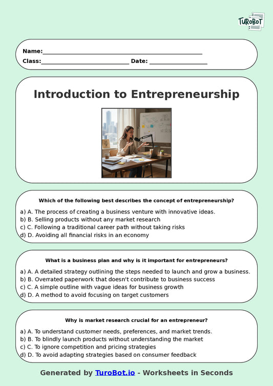 Year 10 Business Multiple Choice Worksheet – Introduction to Entrepreneurship