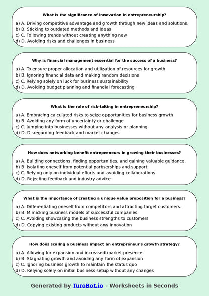 Year 10 Business Multiple Choice Worksheet – Introduction to Entrepreneurship