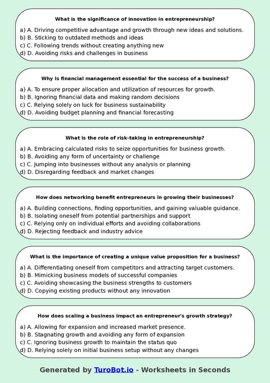 Year 10 Business Multiple Choice Worksheet – Introduction to Entrepreneurship