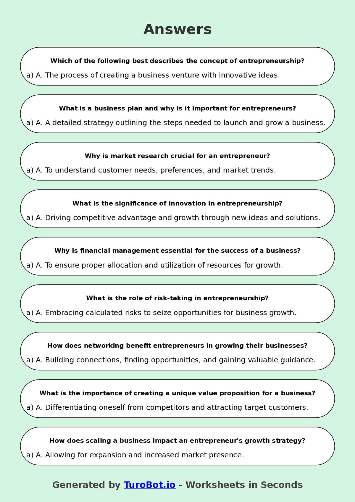 Year 10 Business Multiple Choice Worksheet – Introduction to Entrepreneurship