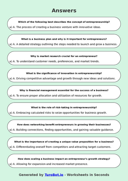 Year 10 Business Multiple Choice Worksheet – Introduction to Entrepreneurship