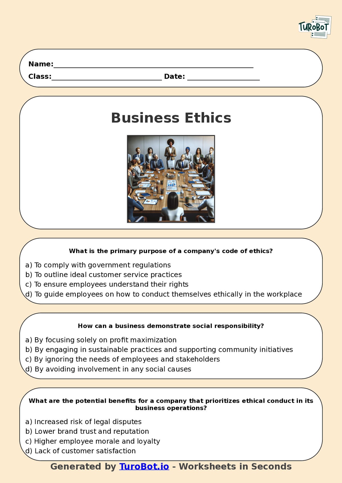 Year 11 Business Multiple Choice Worksheet – Business Ethics and Social Responsibility