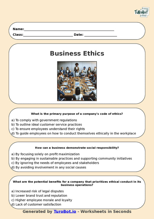 Year 11 Business Multiple Choice Worksheet – Business Ethics and Social Responsibility