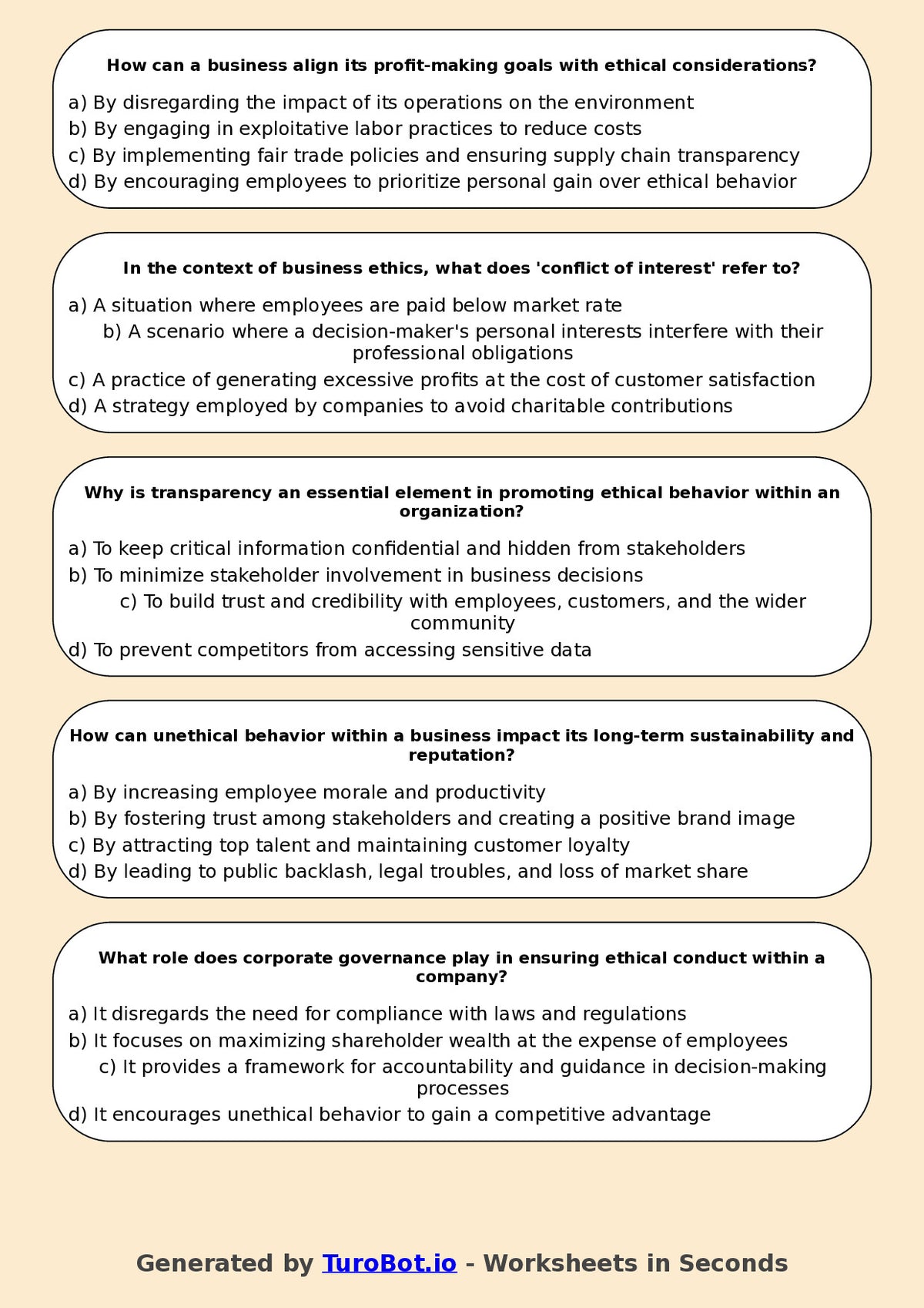 Year 11 Business Multiple Choice Worksheet – Business Ethics and Social Responsibility
