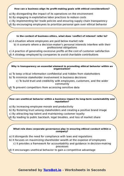 Year 11 Business Multiple Choice Worksheet – Business Ethics and Social Responsibility