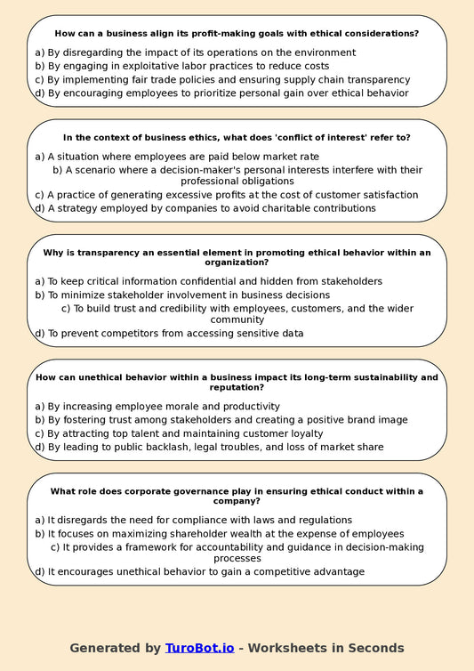 Year 11 Business Multiple Choice Worksheet – Business Ethics and Social Responsibility