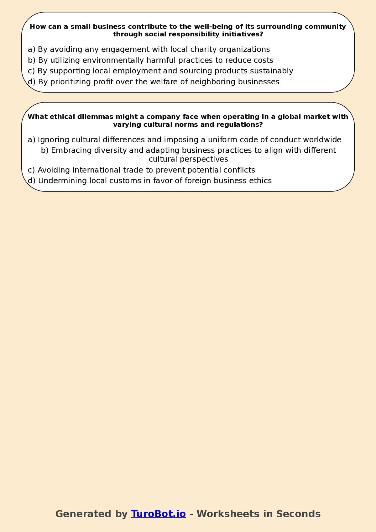 Year 11 Business Multiple Choice Worksheet – Business Ethics and Social Responsibility