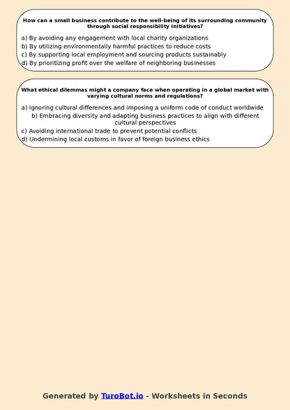 Year 11 Business Multiple Choice Worksheet – Business Ethics and Social Responsibility