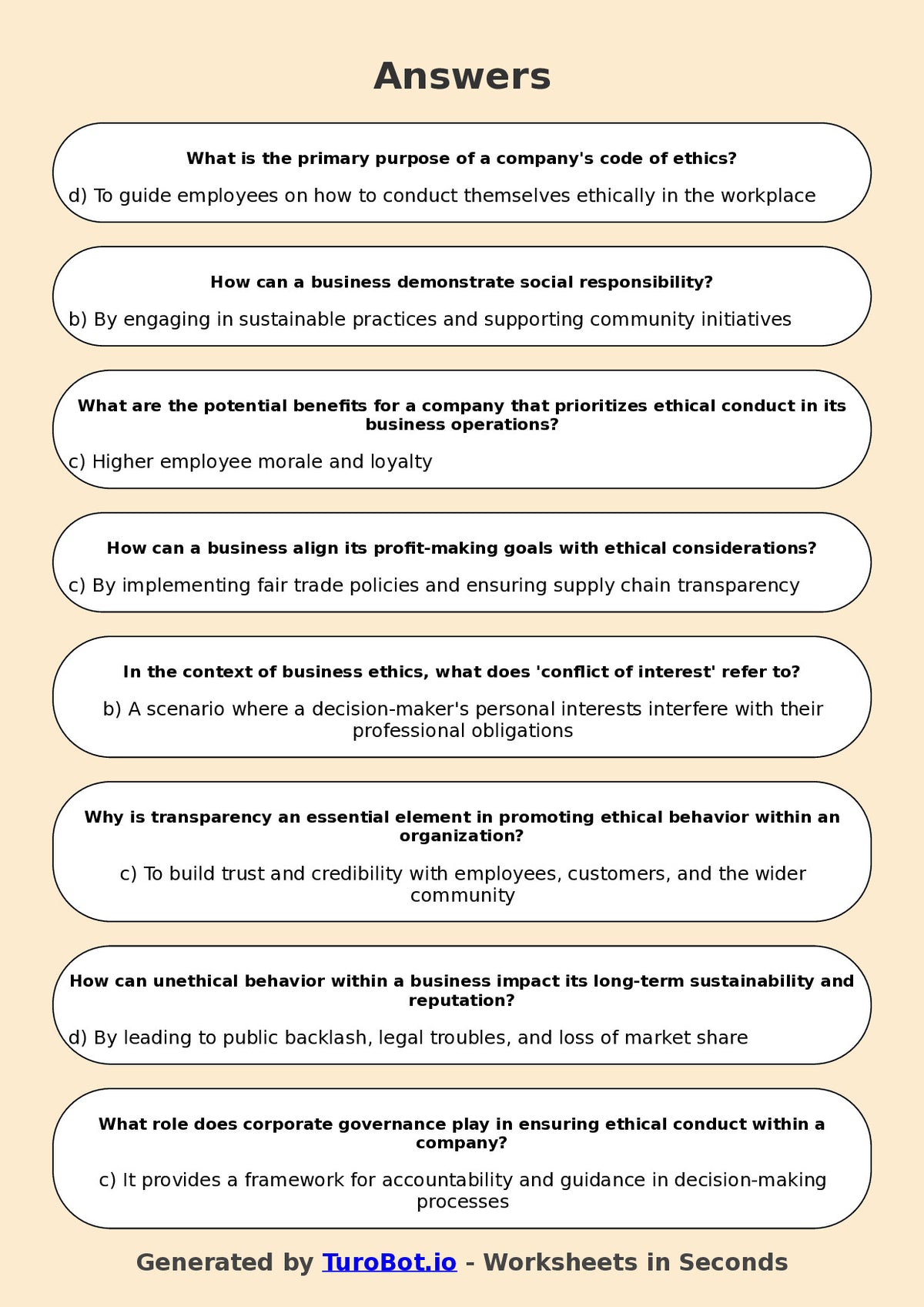 Year 11 Business Multiple Choice Worksheet – Business Ethics and Social Responsibility