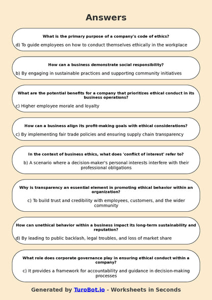 Year 11 Business Multiple Choice Worksheet – Business Ethics and Social Responsibility