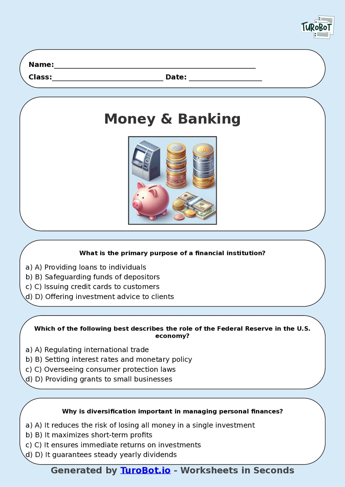 Year 8 Business Multiple Choice Worksheet – Introduction to Money & Banking
